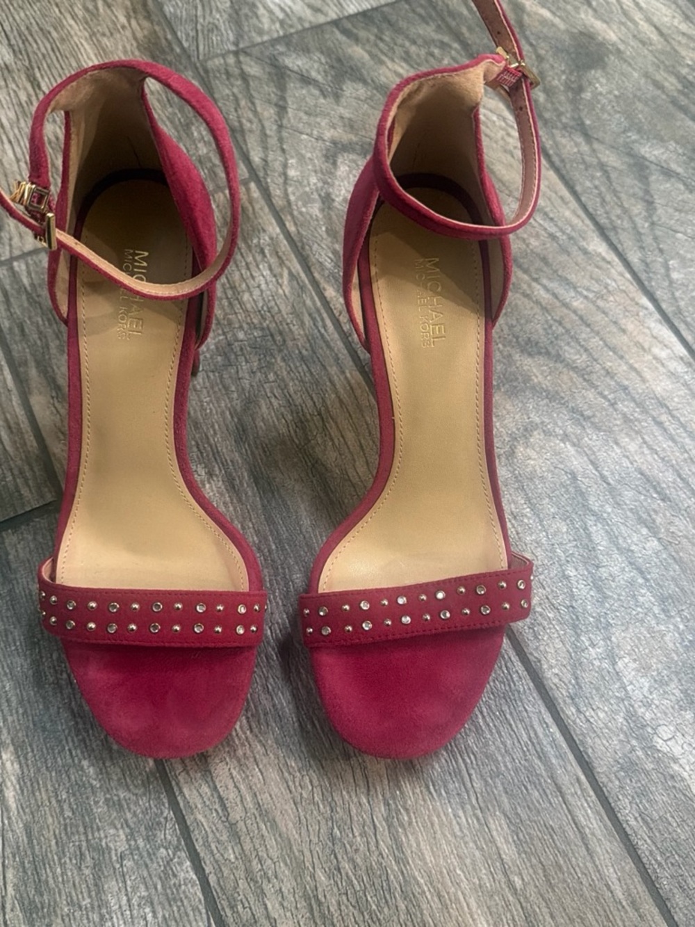 MICHAEL Michael Kors Burgundy Studded Ankle-Strap Heels Suede